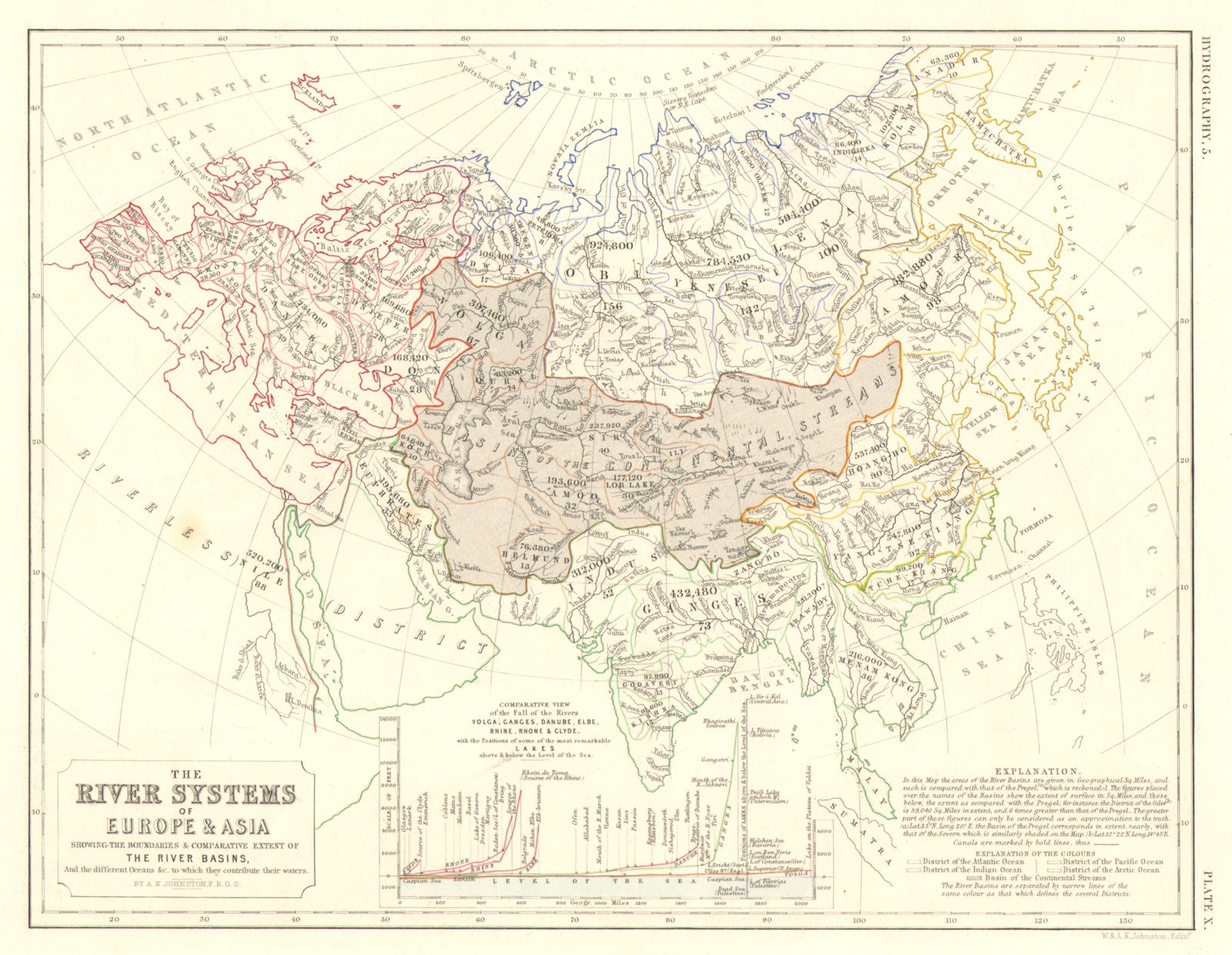 EUROPE & ASIA.River systems.Drainage basins.Volga Ganges Danube Rhine 1850 map